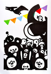 Welcome to EVERY1 Land!, TAROART by TAROUT 00001, on-demand print and acrylic gouache by TAROUT, 2024, featuring black Lunny and festival characters with colorful bunting and a large black crescent shape