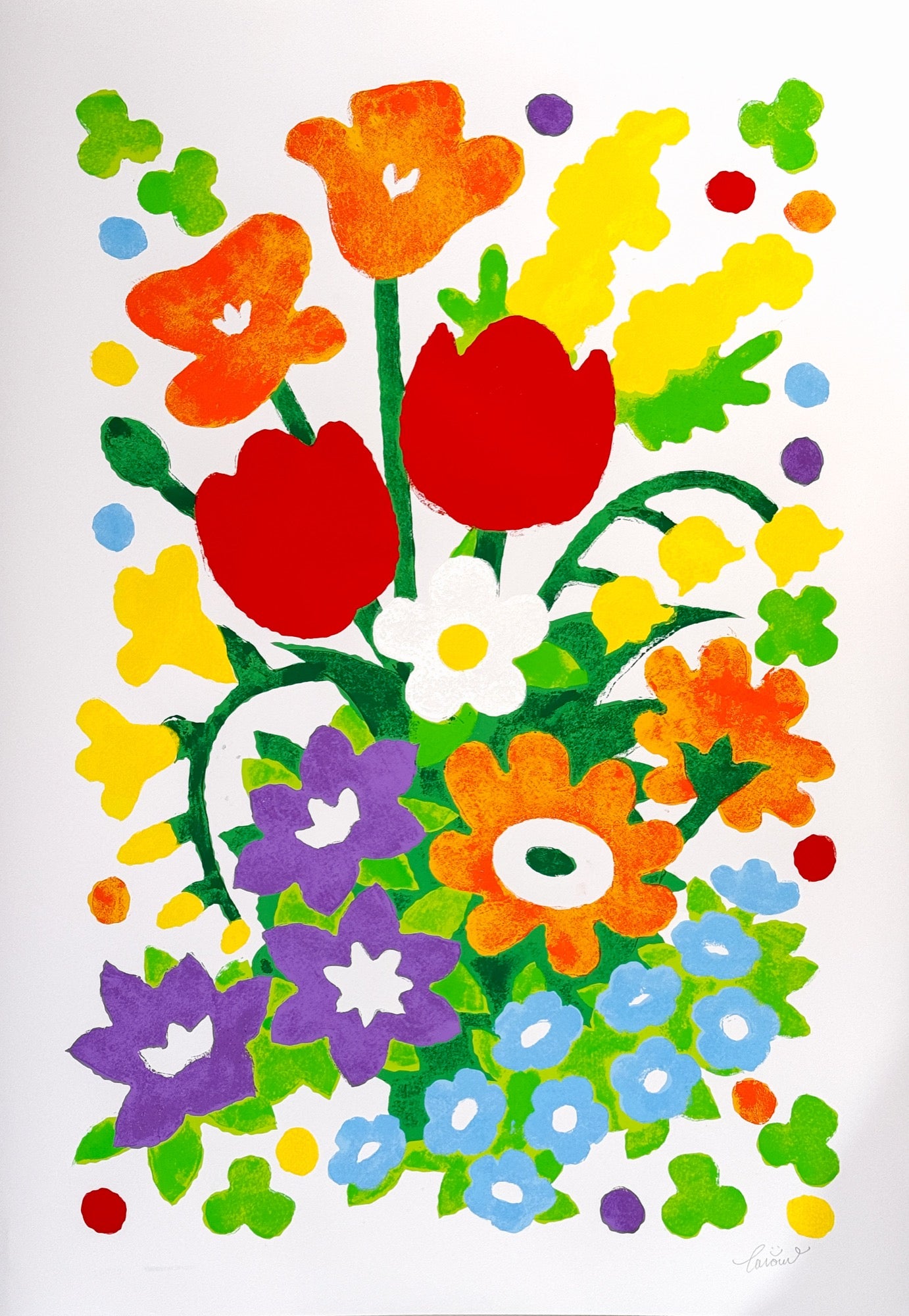 EVERY1's Bouquet of Spring, TAROART by TAROUT 00002, on-demand print and acrylic gouache by TAROUT, 2024, featuring a bright spring bouquet with red tulips, orange flowers, purple flowers, and green leaves