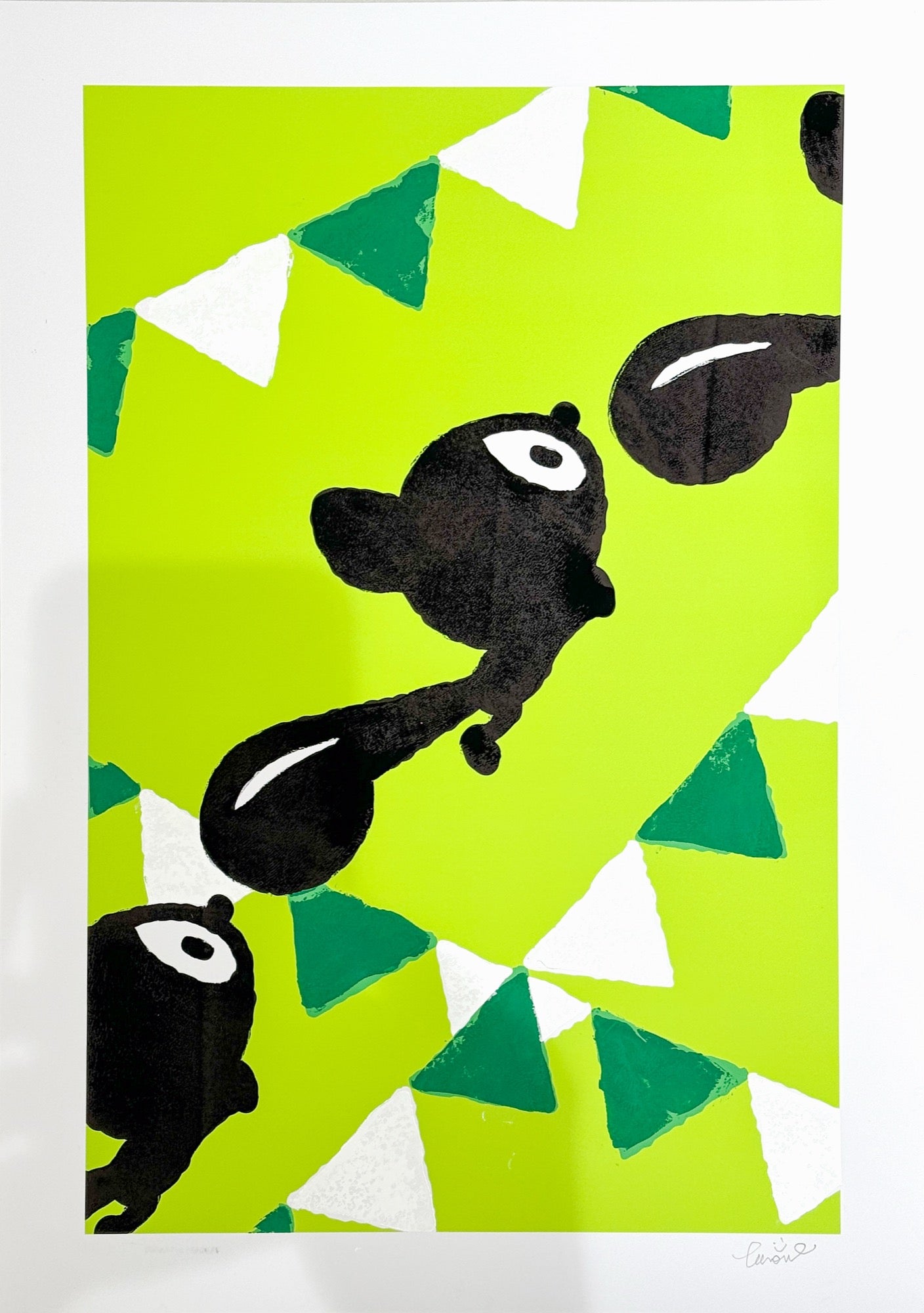 Snapshot of the Spring Festival 2, TAROART by TAROUT 00004, on-demand print and acrylic gouache by TAROUT, 2024, featuring black festival characters moving across a vivid green background with bunting