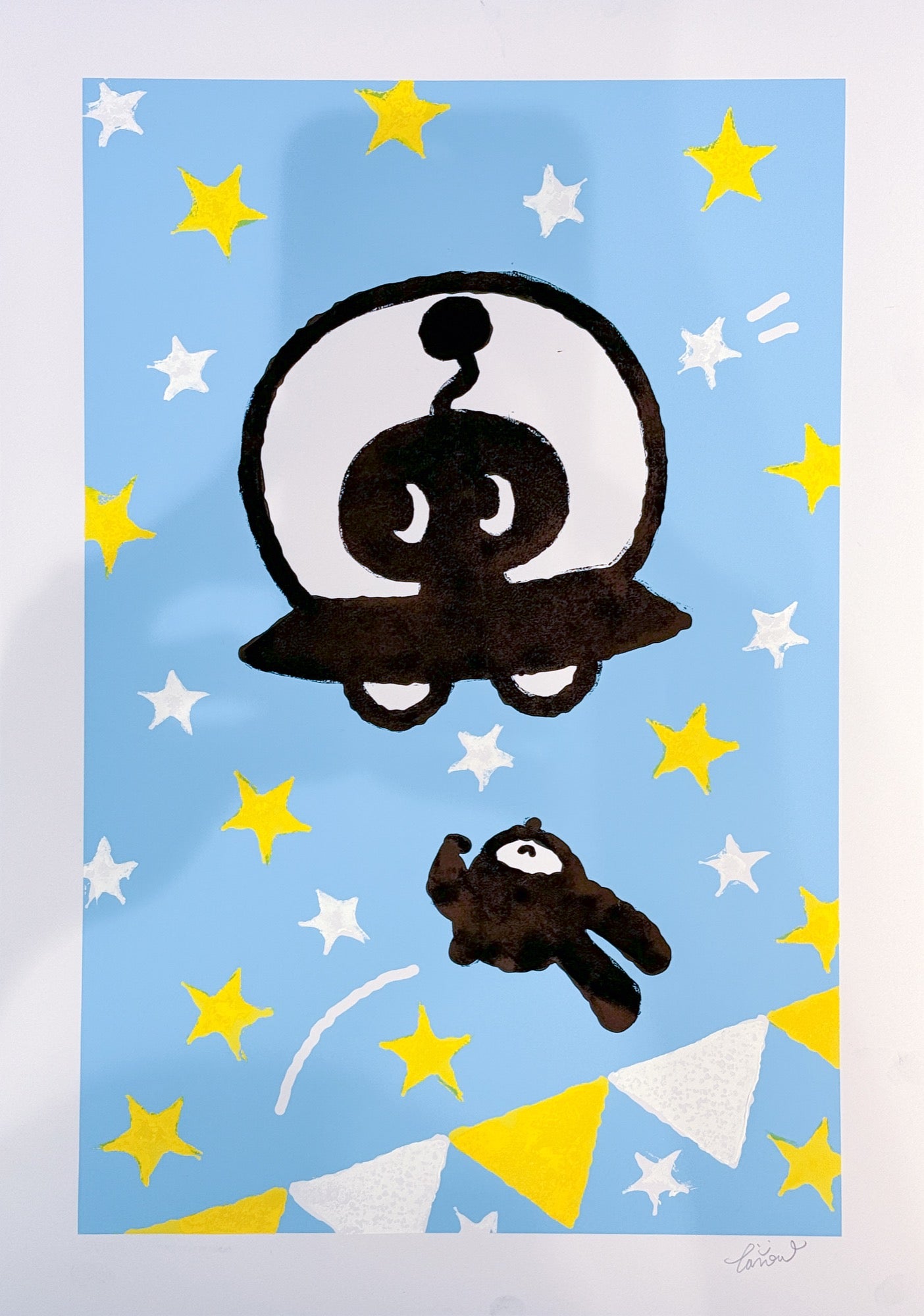 Snapshot of the Spring Festival 3, TAROART by TAROUT 00005, on-demand print and acrylic gouache by TAROUT, 2024, featuring Lunny floating in a blue starry sky with bunting and a small black bird character