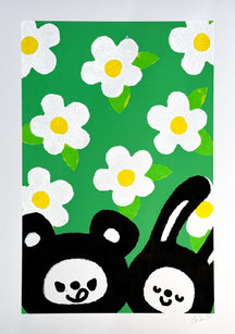 Snapshot of the Spring Festival 4, TAROART by TAROUT 00006, on-demand print and acrylic gouache by TAROUT, 2024, featuring Lunny and another character peeking from a green field of white flowers