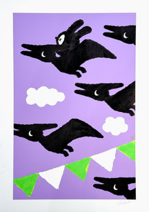 Snapshot of the Spring Festival 5, TAROART by TAROUT 00007, on-demand print and acrylic gouache by TAROUT, 2024, featuring black bird-like characters flying across a lavender sky with bunting