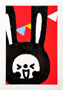 Snapshot of the Spring Festival 6, TAROART by TAROUT 00008, on-demand print and acrylic gouache by TAROUT, 2024, featuring a close-up black rabbit-like character on a red background with bunting