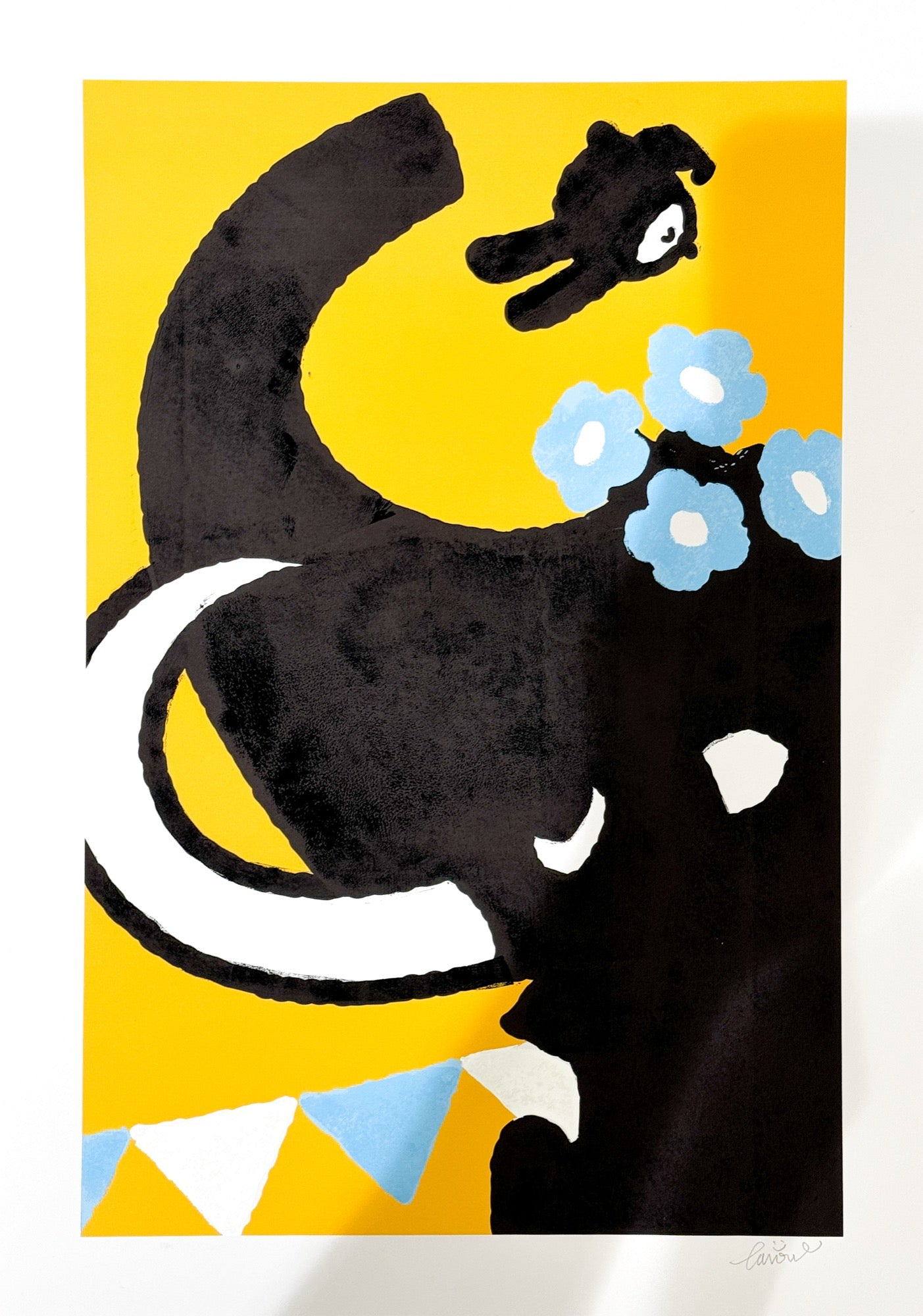 Snapshot of the Spring Festival 7, TAROART by TAROUT 00009, on-demand print and acrylic gouache by TAROUT, 2024, featuring a large black bird-like character holding blue flowers on a yellow background