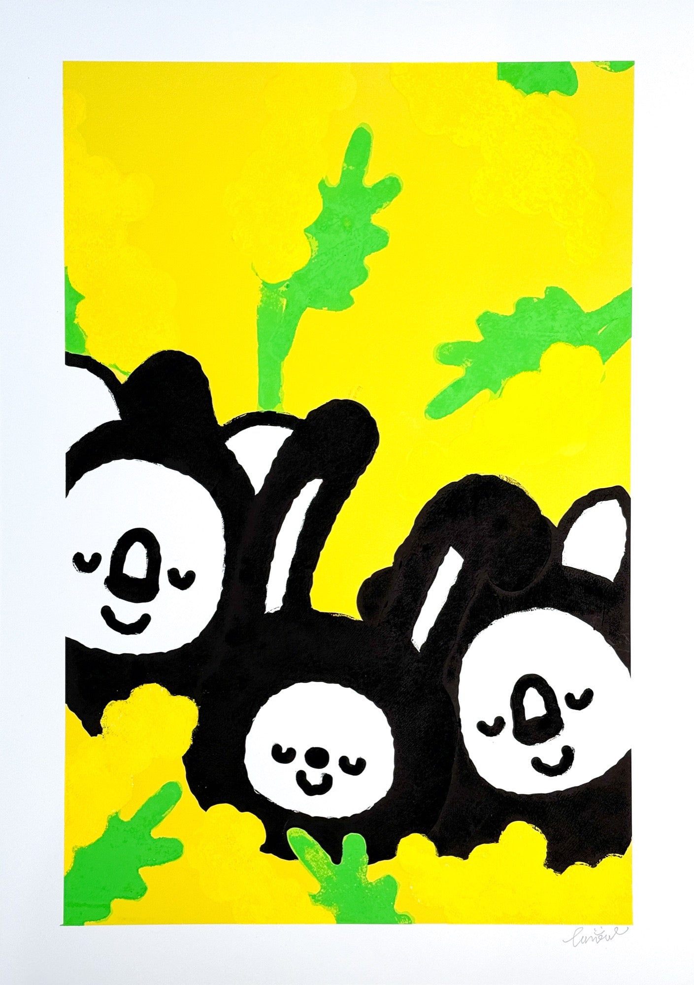 Snapshot of the Spring Festival 8, TAROART by TAROUT 00010, on-demand print and acrylic gouache by TAROUT, 2024, featuring Lunny and friends peeking from yellow spring flowers on a bright yellow background