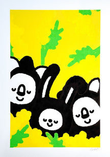 Snapshot of the Spring Festival 8, TAROART by TAROUT 00010, on-demand print and acrylic gouache by TAROUT, 2024, featuring Lunny and friends peeking from yellow spring flowers on a bright yellow background