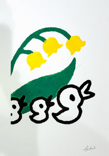 With Flowers for the Festival 1, TAROART by TAROUT 00011, inkjet print and acrylic gouache by TAROUT, 2024, featuring small character shapes beneath yellow spring flowers on a white background