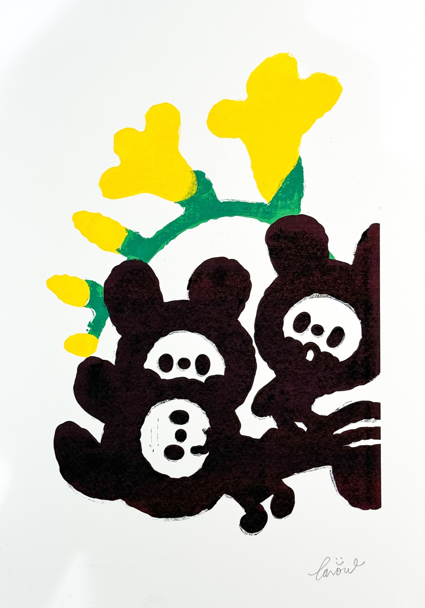 With Flowers for the Festival 2, TAROART by TAROUT 00012, inkjet print and acrylic gouache by TAROUT, 2024, featuring two black spring festival characters beside yellow flowers on a white background