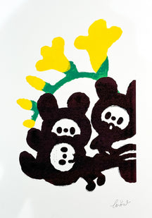 With Flowers for the Festival 2, TAROART by TAROUT 00012, inkjet print and acrylic gouache by TAROUT, 2024, featuring two black spring festival characters beside yellow flowers on a white background