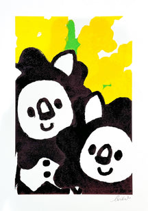 With Flowers for the Festival 3, TAROART by TAROUT 00013, inkjet print and acrylic gouache by TAROUT, 2024, featuring two black characters peeking in front of yellow spring flowers on a white background