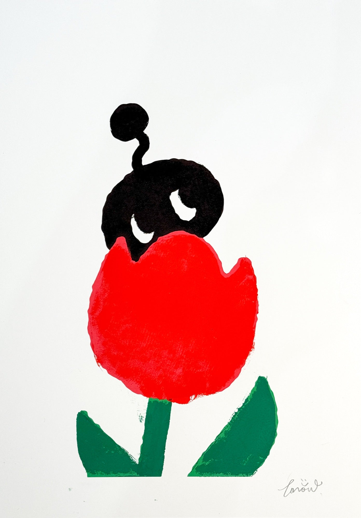With Flowers for the Festival 4, TAROART by TAROUT 00014, inkjet print and acrylic gouache by TAROUT, 2024, featuring a red tulip with a small black character on a white background