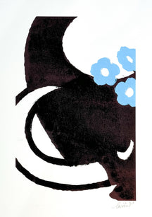 With Flowers for the Festival 7, TAROART by TAROUT 00017, inkjet print and acrylic gouache by TAROUT, 2024, featuring a cropped black bird-like character holding pale blue flowers on a white background