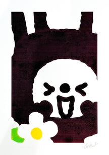 With Flowers for the Festival 8, TAROART by TAROUT 00018, inkjet print and acrylic gouache by TAROUT, 2024, featuring a close-up black character face beside a white flower on a white background