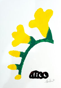 Seeking the Flowers of Spring 1, TAROART by TAROUT 00019, inkjet print and acrylic gouache by TAROUT, 2024, featuring yellow spring flowers and a small black character on a white background