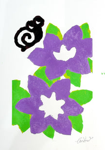 Seeking the Flowers of Spring 2, TAROART by TAROUT 00020, inkjet print and acrylic gouache by TAROUT, 2024, featuring purple flowers with a small black character above them on a white background