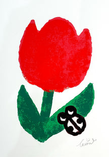Seeking the Flowers of Spring 3, TAROART by TAROUT 00021, inkjet print and acrylic gouache by TAROUT, 2024, featuring a red tulip with a small black character near the stem on a white background
