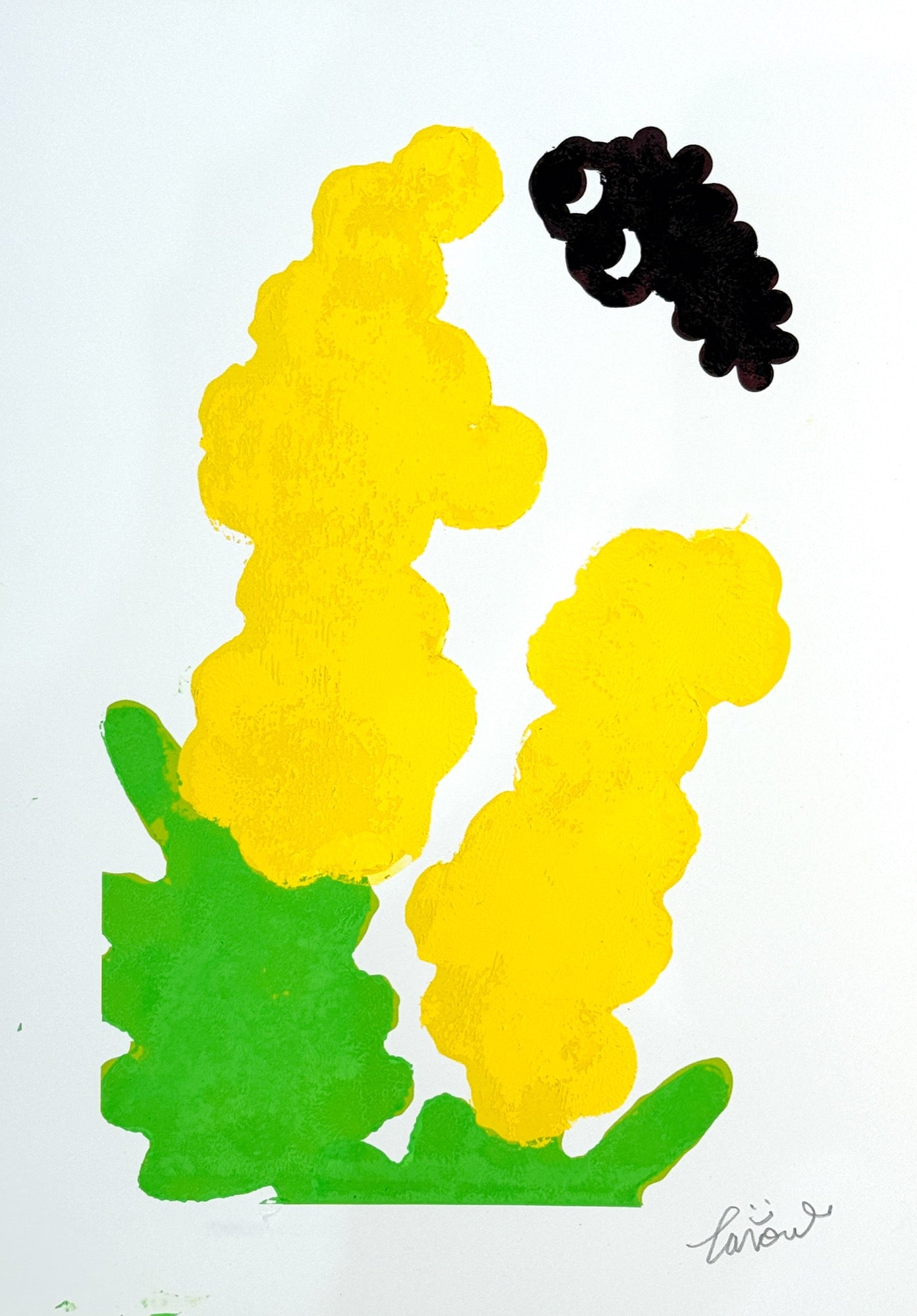 Seeking the Flowers of Spring 4, TAROART by TAROUT 00022, inkjet print and acrylic gouache by TAROUT, 2024, featuring yellow flowers with a small black character in the upper corner on a white background