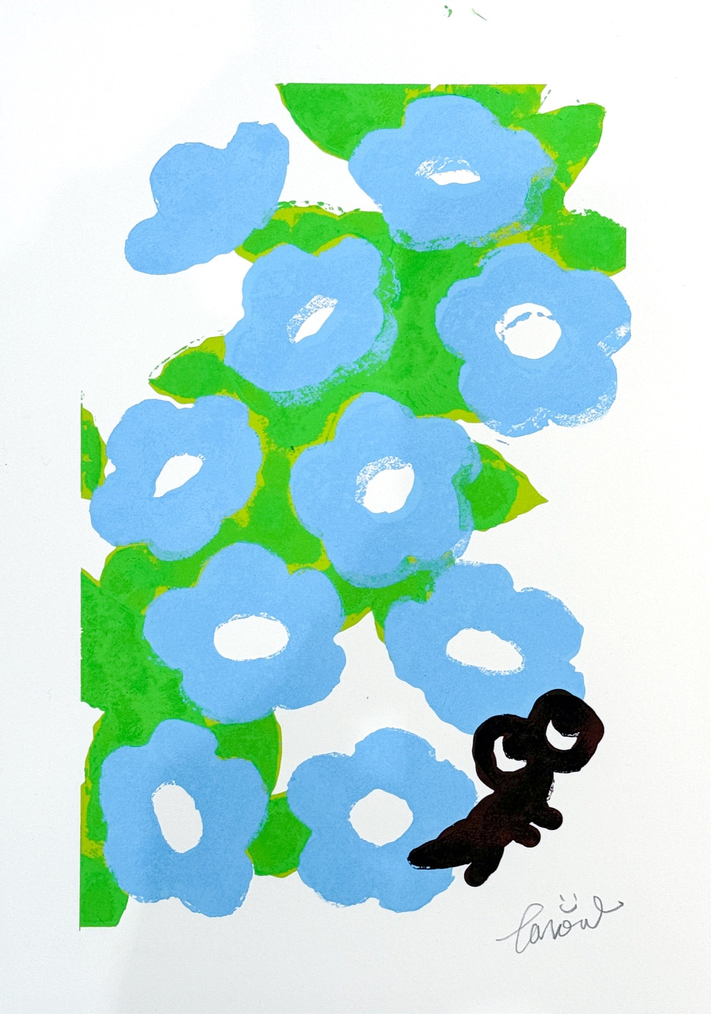Seeking the Flowers of Spring 5, TAROART by TAROUT 00023, inkjet print and acrylic gouache by TAROUT, 2024, featuring blue flowers with small black character shapes on a white background
