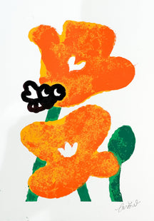 Seeking the Flowers of Spring 6, TAROART by TAROUT 00024, inkjet print and acrylic gouache by TAROUT, 2024, featuring orange flowers with a small black character on a white background
