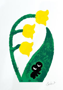 Seeking the Flowers of Spring 7, TAROART by TAROUT 00025, inkjet print and acrylic gouache by TAROUT, 2024, featuring yellow flowers in a green vase with a small black character on a white background