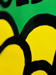 Close-up of the yellow flower bud and black painted outlines in YOU ARE UNFOLDING, TAROART by TAROUT 00028