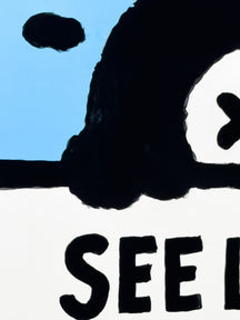 Close-up of black painted LUNNY forms and lettering on the blue and white surface of TAROART by TAROUT 00029