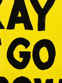 Close-up of bold black message lettering on the yellow surface of IT'S OKAY TO LET GO AND GROW, TAROART by TAROUT 00030
