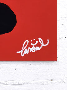 Close-up of the white TAROUT signature on the red lower-right corner of BE YOU!, TAROART by TAROUT 00033
