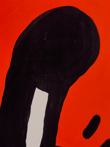 Close-up of LUNNY's black ear and hand-painted texture on the red surface of BE YOU!, TAROART by TAROUT 00033