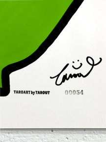 Close-up of the TAROUT signature and serial number 00054 on WELCOME, TAROART by TAROUT 00054
