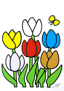 WELCOME, TAROART by TAROUT 00054, acrylic gouache on illustration board by TAROUT, 2026, featuring colorful tulips in yellow, white, red, blue, and brown with a small yellow butterfly