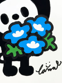 Close-up of LUNNY holding blue flowers and the TAROUT signature in WHAT DO YOU COLLECT?, TAROART by TAROUT 00055