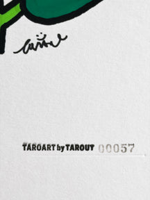Close-up of the TAROUT signature and serial number 00057 on Little Ficus
