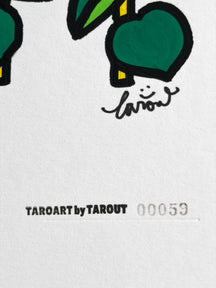 Close-up of the TAROUT signature and serial number 00059 on Little Peperomia
