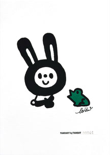 LUNNY and the Frog, TAROART by TAROUT 00064, acrylic gouache on illustration board by TAROUT, 2026, featuring LUNNY sitting beside a small green frog