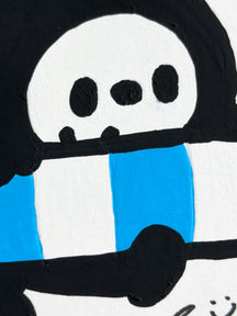 Close-up of LUNNY holding the blue-and-white swim float in LUNNY Goes Swimming