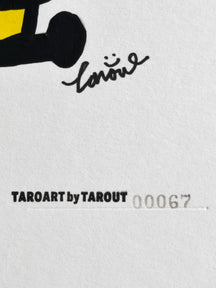 Close-up of the TAROUT signature and serial number 00067 on LUNNY and Gentle Sounds
