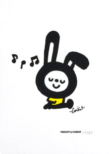 LUNNY and Gentle Sounds, TAROART by TAROUT 00067, acrylic gouache on illustration board by TAROUT, 2026, featuring LUNNY listening to music with eyes closed and musical notes nearby