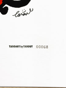 Close-up of the TAROUT signature and serial number 00068 on APPLE & LUNNY