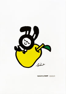 PEAR & LUNNY, TAROART by TAROUT 00069, acrylic gouache on illustration board by TAROUT, 2026, featuring LUNNY resting on a yellow pear with eyes closed on a white background