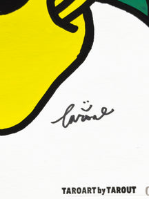 Close-up of the TAROUT signature beside the yellow pear in PEAR & LUNNY, TAROART by TAROUT 00069