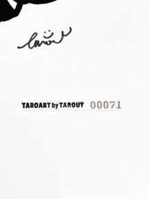 Close-up of the TAROUT signature and serial number 00071 on GRAPES & LUNNY