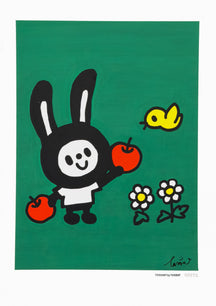 ONE FOR YOU, TAROART by TAROUT 00073, acrylic gouache on illustration board by TAROUT, 2026, featuring LUNNY offering an apple, with white flowers and a yellow bird on a green background