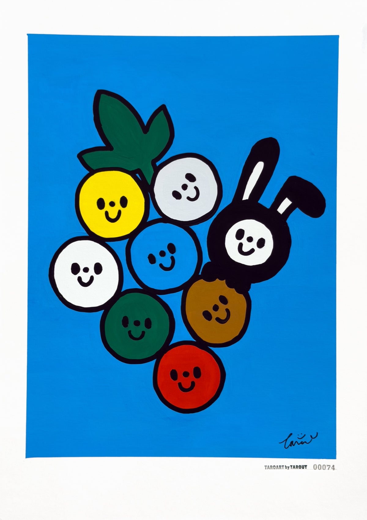 A Bunch of Us, TAROART by TAROUT 00074, acrylic gouache on illustration board by TAROUT, 2026, featuring LUNNY among smiling grapes of different colours on a blue background