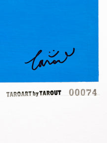 Close-up of the TAROUT signature and serial number 00074 on A Bunch of Us