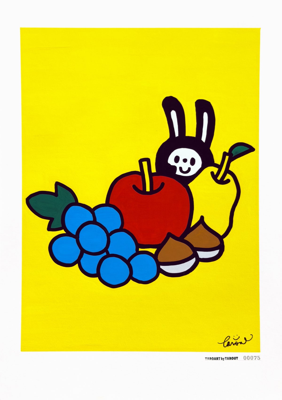AUTUMN GATHERING, TAROART by TAROUT 00075, acrylic gouache on illustration board by TAROUT, 2026, featuring LUNNY with an apple, a pear, grapes and chestnuts on a yellow background