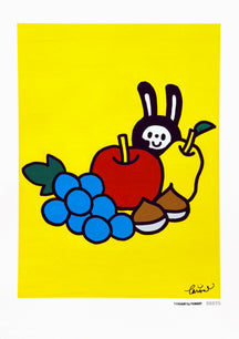 AUTUMN GATHERING, TAROART by TAROUT 00075, acrylic gouache on illustration board by TAROUT, 2026, featuring LUNNY with an apple, a pear, grapes and chestnuts on a yellow background