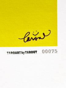 Close-up of the TAROUT signature and serial number 00075 on AUTUMN GATHERING
