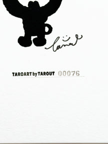 TAROART by TAROUT 00076, FLOWER, PLEASE.: close-up of LUNNY's lower body, the artist's signature and work number 00076.