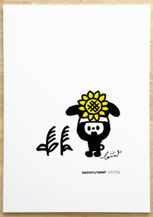 TAROART by TAROUT 00076, FLOWER, PLEASE.: full view of the original painting with the transparent text sheet removed, showing LUNNY with a yellow flower on the head beside two reeds.